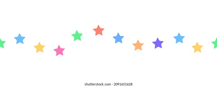 Stars. Seamless horizontal border. Repeating vector pattern. Isolated colorless background. Flat style. Endless multicolored ornament. Rainbow print. Gentle colors.