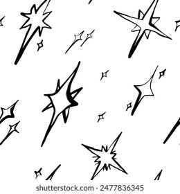 Stars seamless pattern, black and white line art, whimsical shapes, hand drawn vector illustration