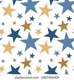 Stars Seamless Pattern. Seamless Blue and Golden Stars Pattern on White Background. Good for fabric, textile, pajama, linen, wallpaper, background