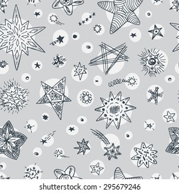 Stars Seamless pattern. Blue starry sky background. Hand drawn vector doodle illustration. 