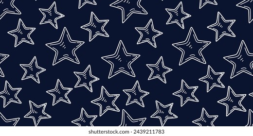Stars seamless pattern, blue and white background. Night sky repeating background. Hand drawn kids texture for textile, apparel, wrapping paper. Vintage vector art. Children's vector illustration