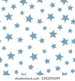 Stars seamless pattern. Blue-gray stars on  white background. Festive background. Vector illustration. Cartoon.