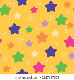 Stars seamless pattern in clown colors. Yellow background. Vector art. For kids and gift package