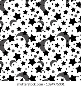 Stars seamless pattern. Cute pattern of black stars and gray moons on a white background. Monochrome vector pattern with moons and stars.
