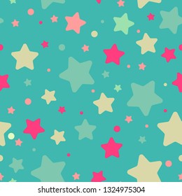 Stars seamless pattern. Cute pattern of turquoise and pink hues. Cute stars on turquoise background.
