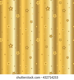 Stars seamless pattern gold background. Wave and chaotic elements. Abstract decoration golden foil texture. 3d effect. Design template wallpaper, wrapping, fabric, textile. Vector Illustration