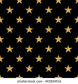 Stars seamless pattern gold and black retro background. Abstract bright golden design for wallpaper, christmas decoration, confetti, textile, wrapping. Symbol of holiday. Vector illustration