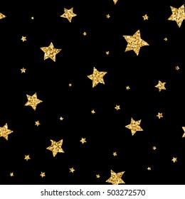 Stars seamless pattern gold and black retro background. Abstract bright golden design for wallpaper, christmas decoration, confetti, textile, wrapping. Symbol of holiday. Vector illustration