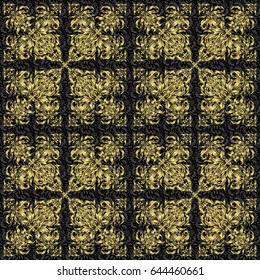 Stars seamless pattern gold and black retro background. Abstract vector bright golden design for wallpaper, Christmas decoration, confetti, textile, wrapping. Symbol of holiday.