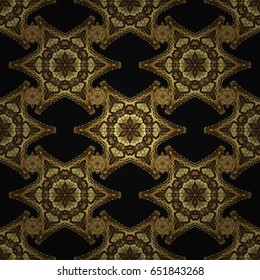 Stars seamless pattern gold and black retro background. Abstract vector bright golden design for wallpaper, Christmas decoration, confetti, textile, wrapping. Symbol of holiday.
