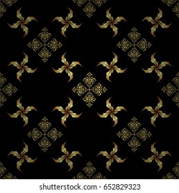 Stars seamless pattern gold and black retro background. Abstract vector bright golden design for wallpaper, Christmas decoration, confetti, textile, wrapping. Symbol of holiday.