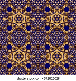 Stars seamless pattern gold and blue retro background. Abstract vector bright golden design for wallpaper, Christmas decoration, confetti, textile, wrapping. Symbol of holiday.