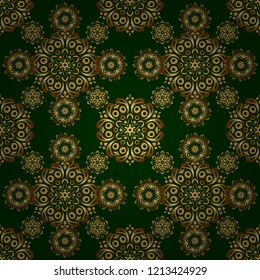 Stars seamless pattern gold and green retro background. Abstract vector bright golden design for wallpaper, Christmas decoration, confetti, textile, wrapping. Symbol of holiday.
