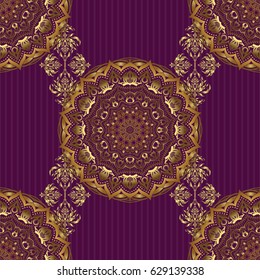 Stars seamless pattern gold and purple retro background. Abstract vector bright golden design for wallpaper, Christmas decoration, confetti, textile, wrapping. Symbol of holiday.