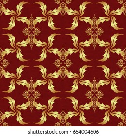 Stars seamless pattern gold and red retro background. Abstract vector bright golden design for wallpaper, Christmas decoration, confetti, textile, wrapping. Symbol of holiday.