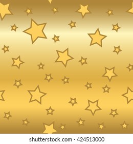 Stars seamless pattern gold retro background. Glitter chaotic elements. Abstract decoration golden foil texture. 3d effect sky. Design template wallpaper, wrapping, fabric, textile Vector Illustration
