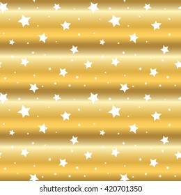 Stars seamless pattern gold and white retro background. Wave chaotic elements. Abstract golden foil texture. 3d effect sky