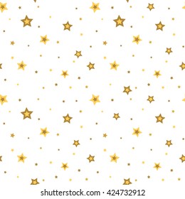 Stars seamless pattern gold and white retro background. Chaotic elements. Abstract geometric shape texture. 3d effect sky. Design template for wallpaper, wrapping, fabric, textile. Vector Illustration