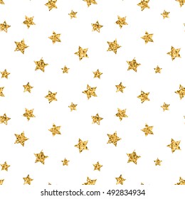 Stars seamless pattern gold and white retro background. Abstract bright golden design for wallpaper, christmas decoration, confetti, textile, wrapping. Symbol of holiday. Vector illustration