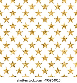 Stars seamless pattern gold and white retro background. Abstract bright golden design for wallpaper, Christmas decoration, confetti, textile, wrapping. Symbol of holiday. Vector illustration