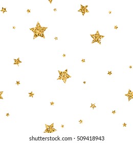 Stars seamless pattern gold and white retro background. Abstract bright golden design for wallpaper, christmas decoration, confetti, textile, wrapping. Symbol of holiday. Vector illustration
