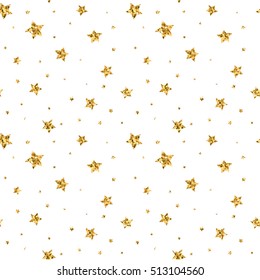 Stars seamless pattern gold and white retro background. Abstract bright golden design for wallpaper, Christmas decoration, confetti, textile, wrapping. Symbol of holiday. Vector illustration