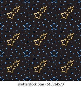 Stars seamless pattern. Lines style. Black background. Eps10