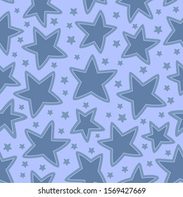 Stars seamless pattern on blue. Christmas holiday background. Night sky with small and big stars. Good for wrapping paper for the gift boxes.