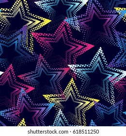 Stars seamless pattern on dar blue background with colorful dots elements. Childish repeated backdrop. Night sky wallpaper for girls, boys, wrapping paper, textile