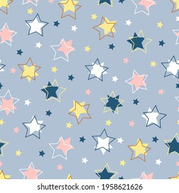 Stars Seamless Pattern On Gray Background, Vector With Stars. A Simple Holiday Repeating Texture With Stars And Star Lines Overlaid On Them. Children S Print On Baby Fabric And Wrapping Paper