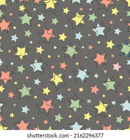 Stars seamless pattern on a gray background, vector with stars. A simple festive repeating texture with stars superimposed on it. Print on fabric and wrapping paper, multicolored.