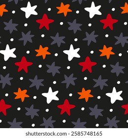Stars seamless pattern. Repeat abstract starry background by freehand. Dark fabric print for outerwear: winter jacket, down jacket, quilted coat, kids overall, puffer boot. Texture for wallpaper cover