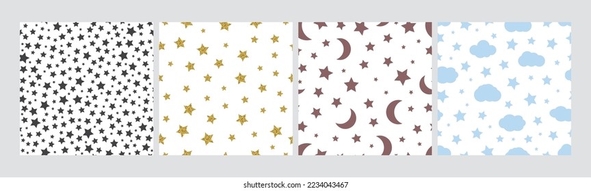 Stars seamless pattern set. Black golden star textures, simple moon and clouds background. Vector textile prints basic shapes, baby cloth design or wallpaper