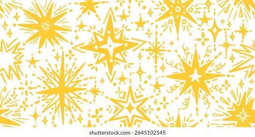 Stars seamless pattern, sparkle print. Twinkle, magic party, blink, firework repeat paper. Art abstract sketch. Hand draw vector illustration on white backdrop
