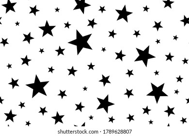Estrellas. Patrón sin foco. Fondo estelar para el embalaje, el diseño de papel textil y de envoltura. Plantilla para fondo festivo, brillante y brillante. Silueta negra. Aislado. Vector