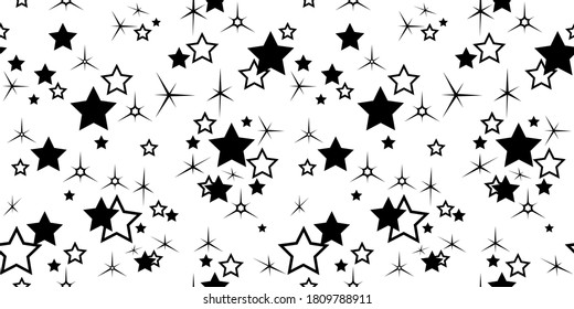 Stars. Seamless pattern. Starry background for packaging, textile and wrapping paper design. Template for festive, sparkling, shiny background. Black silhouette. Isolated. Vector illustration