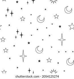 Sterne nahtloses Muster mit Sonne, Mond. Mystischer, esoterischer Hintergrund für Astrologie-Design. Kosmos und Raumstrukturhintergrund.