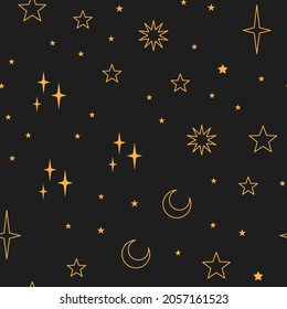 Sterne nahtloses Muster mit Sonne, Mond. Mystischer, esoterischer Hintergrund für Astrologie-Design. Kosmos und Raumstrukturhintergrund.