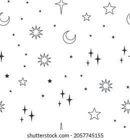 Stars seamless pattern with sun, moon. Mystical esoteric background for astrology design. Cosmos and space texture background.