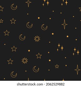 Stars seamless pattern with sun, moon. Mystical esoteric background for astrology design. Cosmos and space texture background.