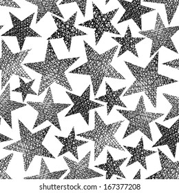 Stars seamless pattern, vector repeating black and white background with hand drawn lines textures.
