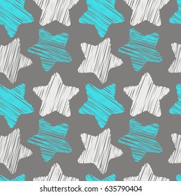 Stars seamless pattern, vector. Texture with stars. Blue, white and grey colors, grunge style.