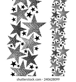 Stars seamless pattern, vertical composition, vector repeating background with hand drawn lines textures.