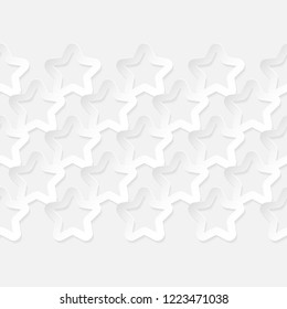 Stars. Seamless pattern. White geometric 3D shapes on white background. Can be used for wallpaper, textile, invitation card, wrapping, web page background.