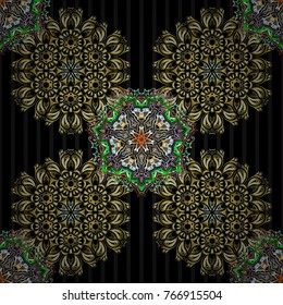 Stars seamless pattern in yellow and green and black colors. Abstract vector bright design for wallpaper, Christmas decoration, confetti, textile, wrapping. Symbol of holiday.