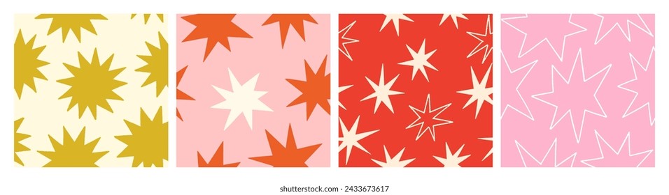 Stars, seamless patterns set. Starry background, endless repeating print. Modern printable texture for wallpaper, fabric, textile, wrapping, package design. Repeatable kids flat vector illustrations