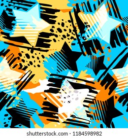 Stars seamless print,textile ink brush strokes design in doodle grunge texture style.Unique scrapes, watercolor blotted background 