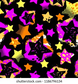 Stars seamless print,textile ink brush strokes design in doodle grunge texture style.Unique scrapes, watercolor blotted background 
