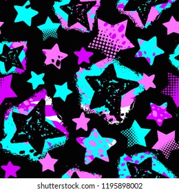 Stars seamless print,textile ink brush strokes design in doodle grunge texture style.Unique scrapes, watercolor blotted background 