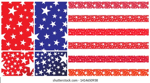 Stars seamless wallpaper vector set. Isolated on red and blue background. USA flag design.
